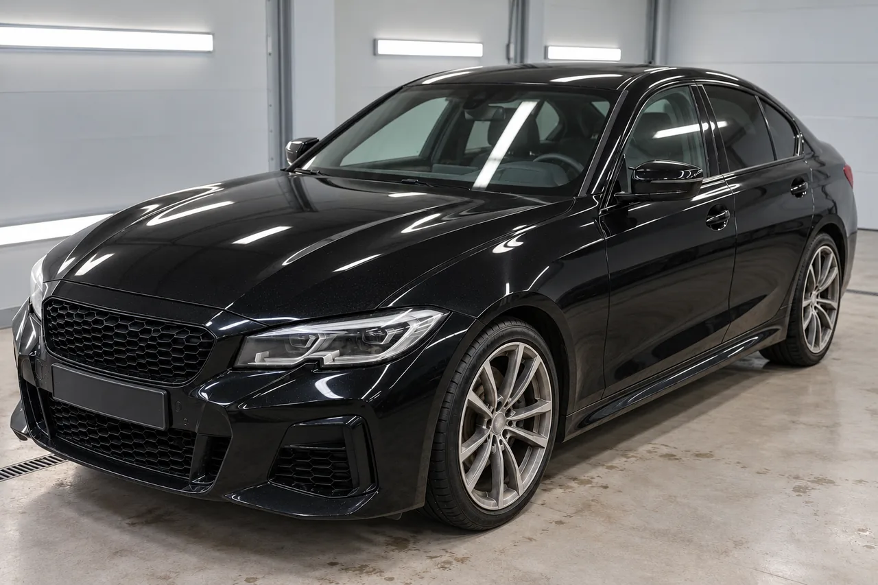 Glossy black sedan after illustrative finish enhancement