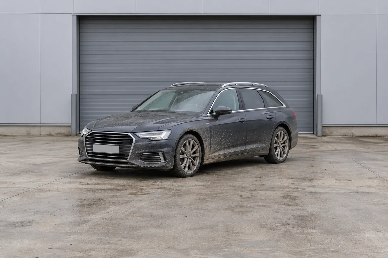 Dust and road grime on a gray estate car before the illustrative full reset