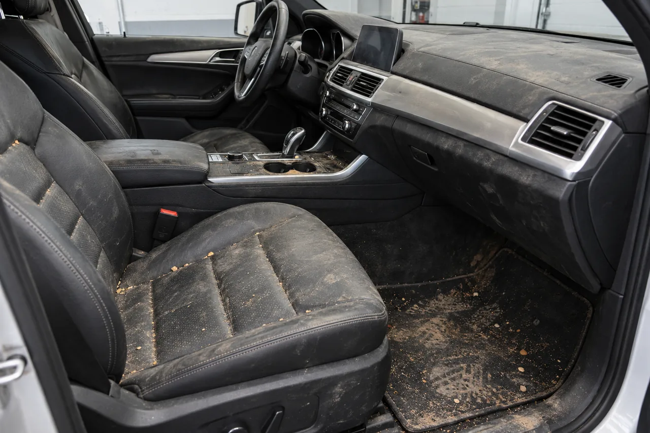 Dust and crumbs across black leather seats and cabin surfaces before cleaning
