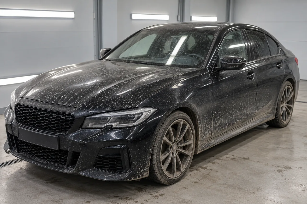 Dust and dull paint on a black sedan before finish enhancement