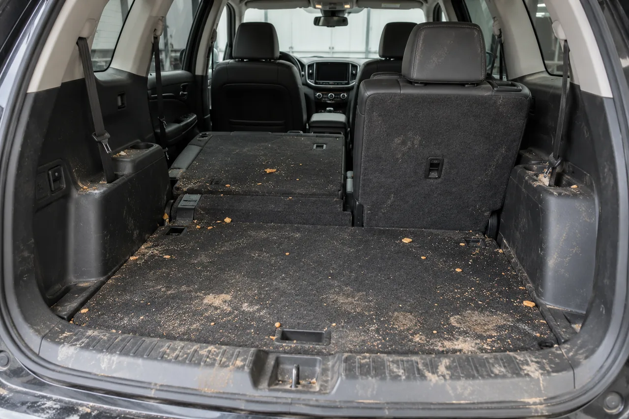 Dirty cargo carpet and seat backs before a family vehicle reset